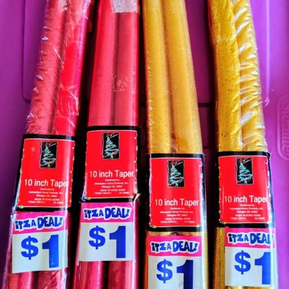 Taper candles 10" 4-2 pk; 2 red & 2 gold shing